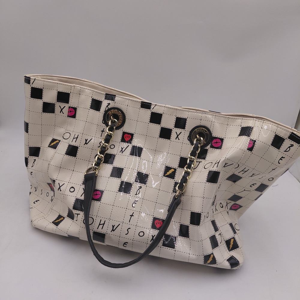 Betsey Johnson Crossword Puzzle Print Tote Bag Purse Edgy Gold Hardware Funky